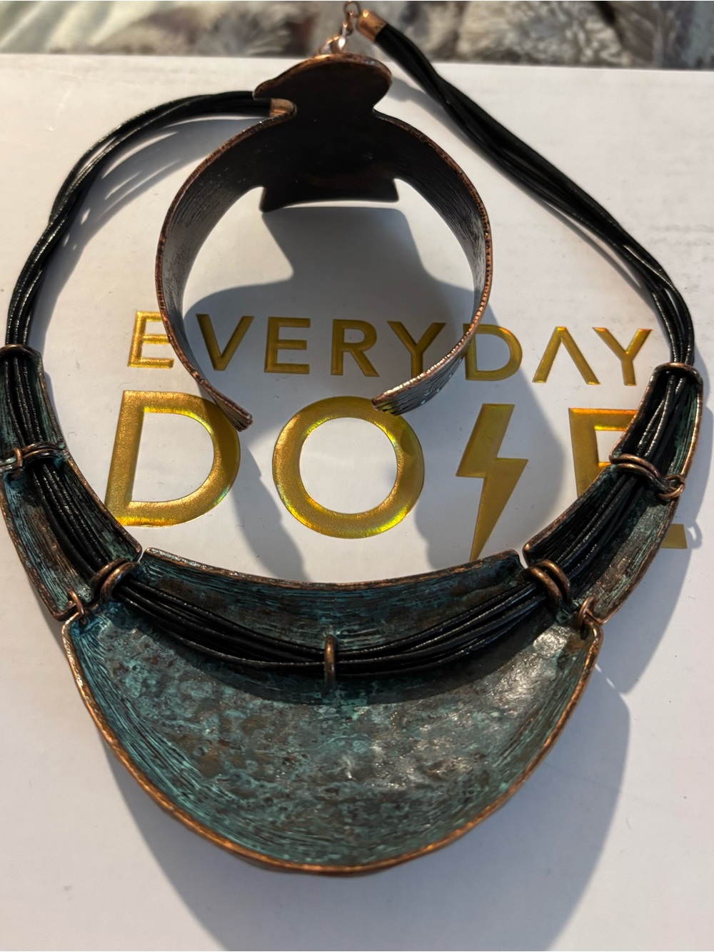Rustic Turquoise Patina Necklace & Cuff Bracelet Set | Boho Southwestern - Picture 3 of 3